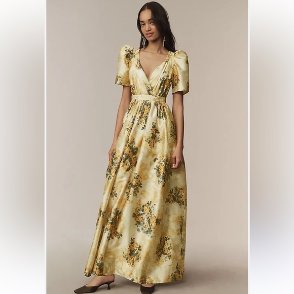 BHLDN Dresses & Skirts - BHLDN by Anthropologie Aurora puff - sleeve taffeta maxi dress yellow floral 2